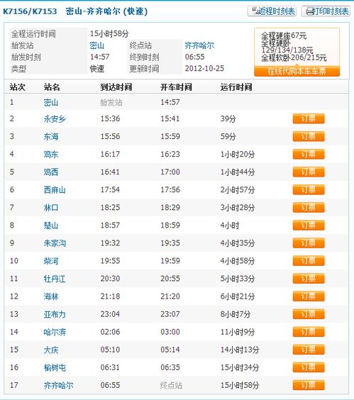 哈尔滨到齐齐哈尔火车时刻表