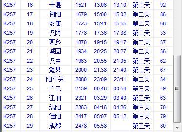 安康到汉中火车时刻表