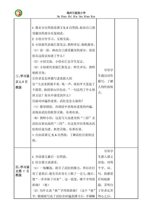 小学六年级语文下册《景阳冈》的教案及资料