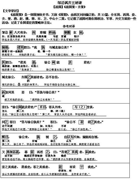 邹忌讽齐王纳谏翻译，邹忌讽齐王纳谏原文及翻译手写