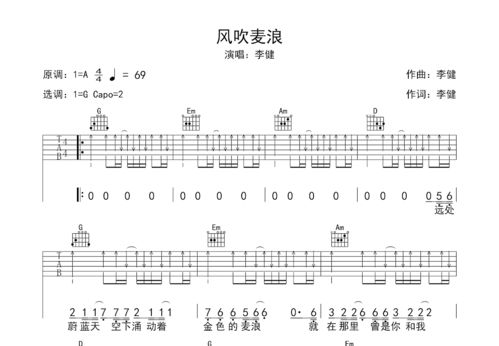风吹麦浪吉他谱原版A调，风吹麦浪吉他谱原版e调分解