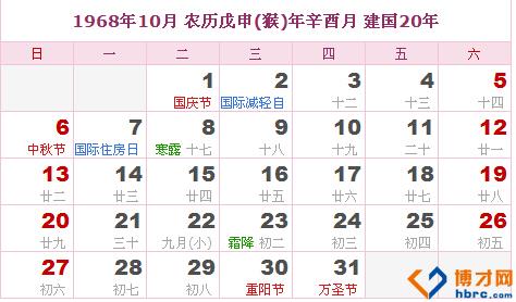 万年历1968年农历阳历表，1968年农历阳历表6月份
