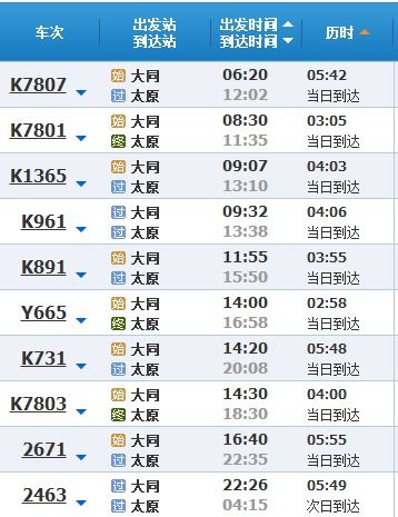 大同到太原的火车时刻表?