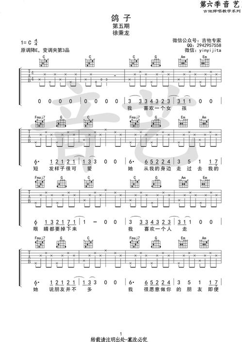 《鸽子》吉他谱是怎样的?
